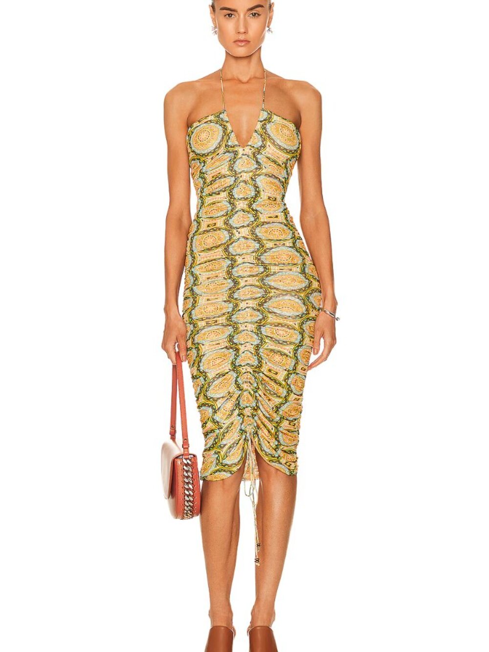 Alexis Ziano Aztec Print Ruched Gold Mesh Dress S M $425 Beach Coverup Xlnt Cond